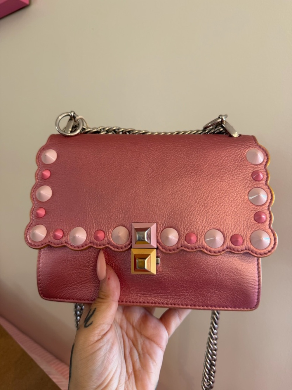 Fendi Kan I Pink Studded Scalloped Leather Crossbody